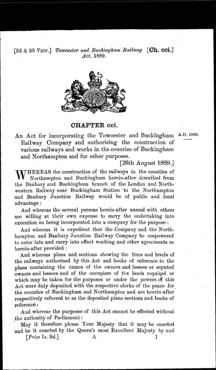 Towcester and Buckingham Railway Act 1889