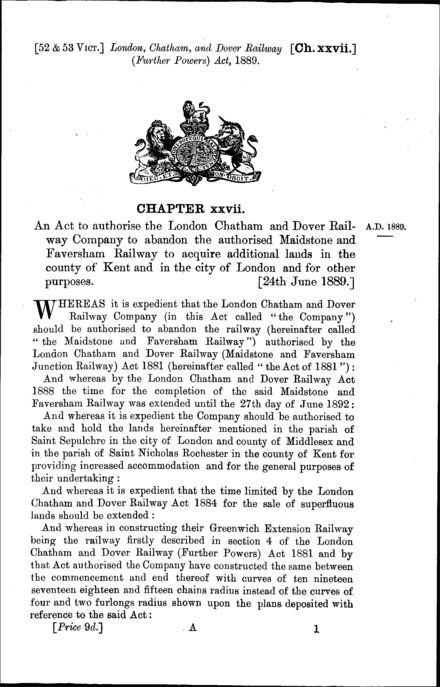 London, Chatham and Dover Railway (Further Powers) Act 1889