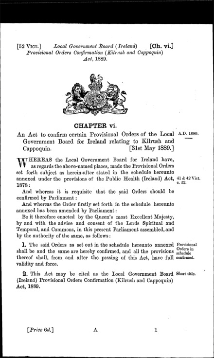 Local Government Board (Ireland) Provisional Orders Confirmation (Kilrush and Cappoquin) Act 1889