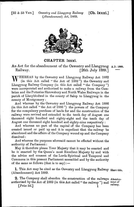 Oswestry and Llangynog Railway (Abandonment) Act 1889