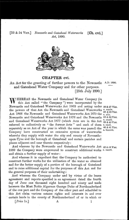 Newcastle and Gateshead Waterworks Act 1890