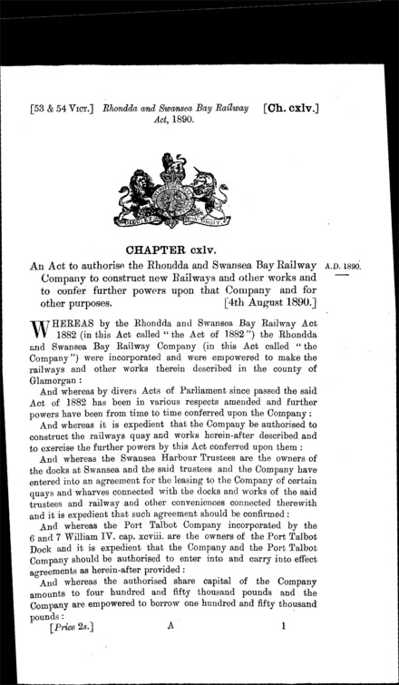 Rhondda and Swansea Bay Railway Act 1890