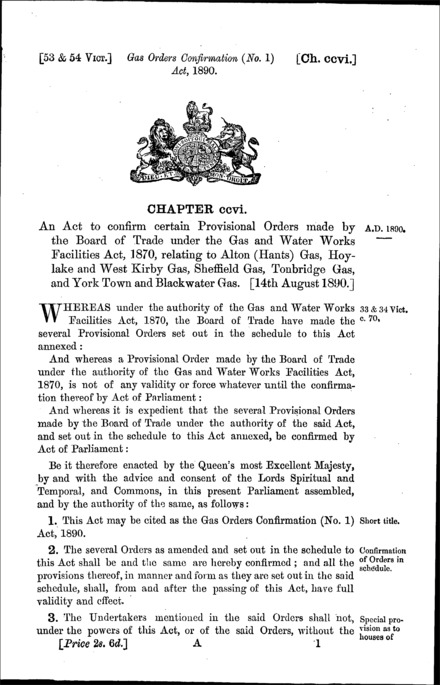 Gas Orders Confirmation (No. 1) Act 1890