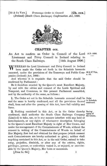 Tramways Order in Council (Ireland) South Clare Railways Confirmation Act 1890