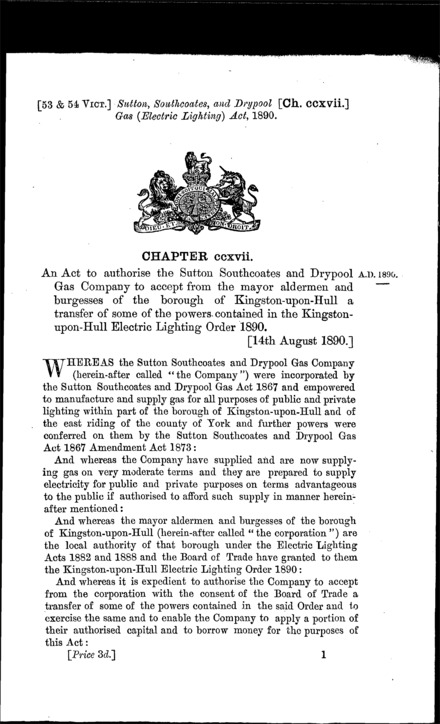 Sutton, Southcoates and Drypool Gas (Electric Lighting) Act 1890