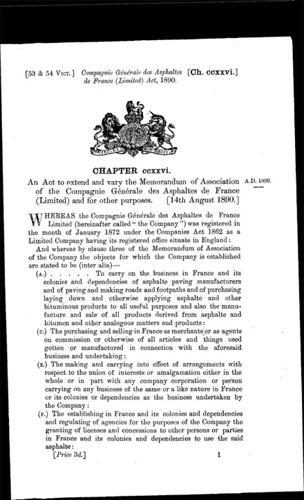 Compagnie GÃ©nÃ©rale des Asphaltes de France (Limited) Act 1890