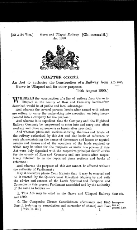 Garve and Ullapool Railway Act 1890