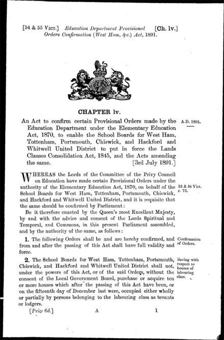 Education Department Provisional Orders Confirmation (West Ham, &c.) Act 1891