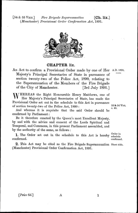 Fire Brigade Superannuation (Manchester) Provisional Order Confirmation Act 1891