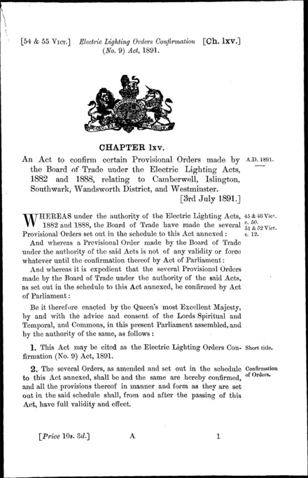 Electric Lighting Orders Confirmation (No. 9) Act 1891