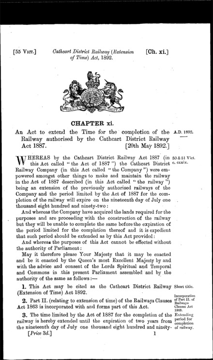 Cathcart District Railway (Extension of Time) Act 1892