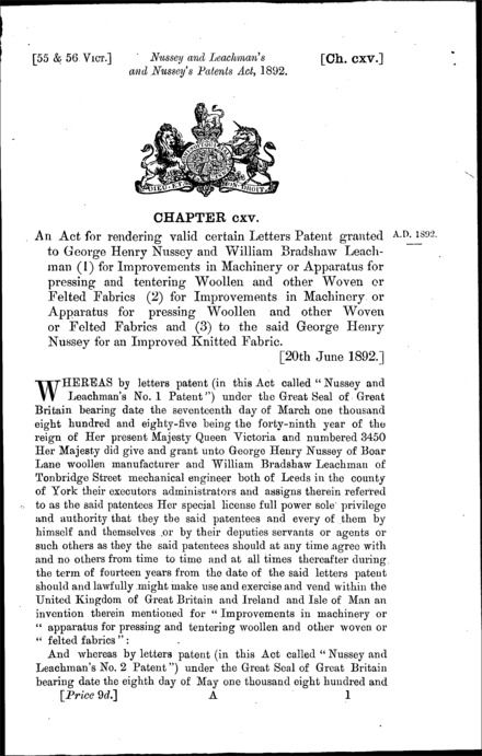 Nussey and Leachman's and Nussey's Patents Act 1892