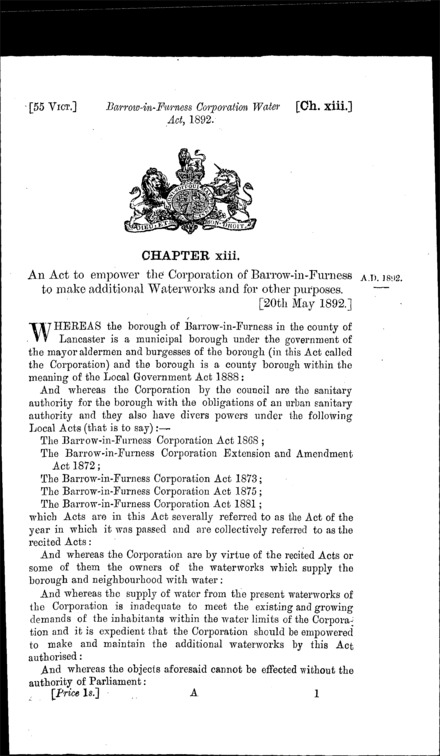 Barrow-in-Furness Corporation Water Act 1892