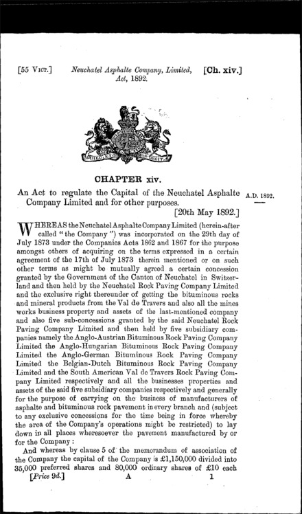Neuchatel Asphalte Company Limited Act 1892