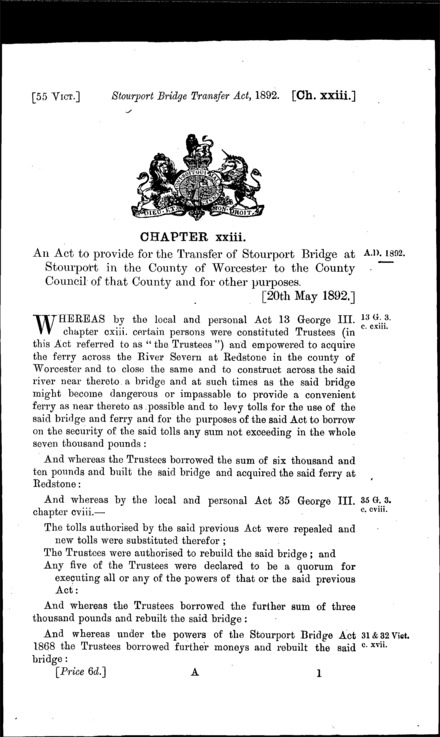 Stourport Bridge Transfer Act 1892