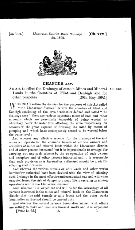Llanarmon District Mines Drainage Act 1892