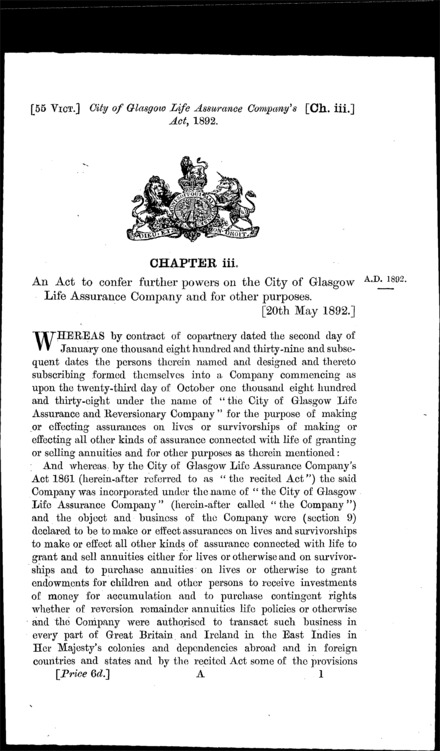 City of Glasgow Life Assurance Company Act 1892