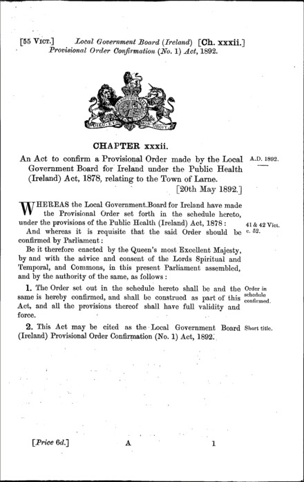 Local Government Board (Ireland) Provisional Order Confirmation (No. 1) Act 1892