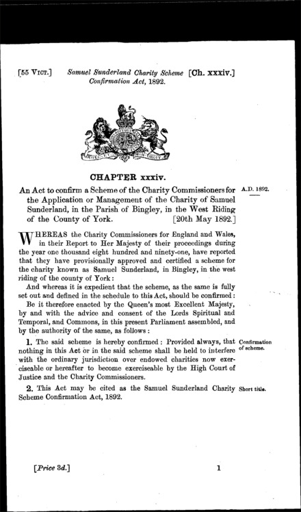 Samuel Sunderland Charity Scheme Confirmation Act 1892