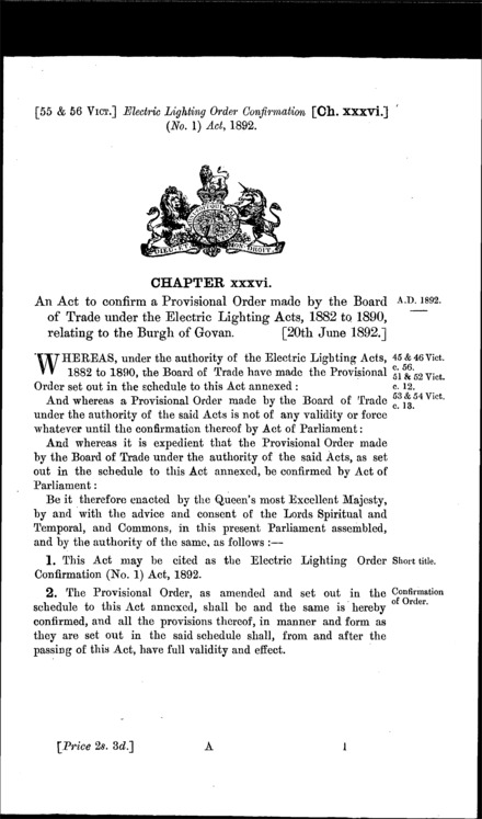 Electric Lighting Order Confirmation (No. 1) Act 1892