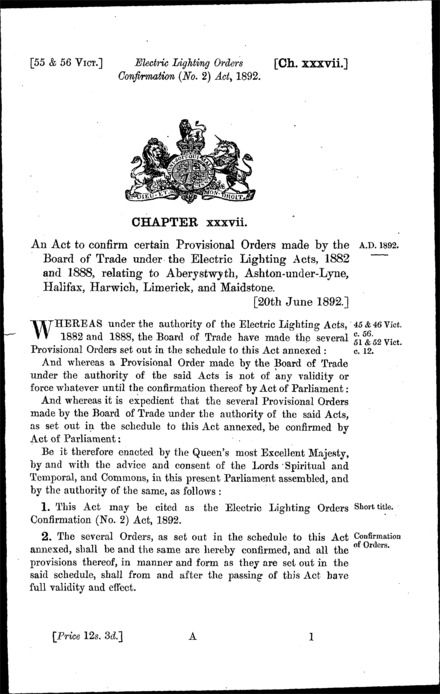 Electric Lighting Orders Confirmation (No. 2) Act 1892