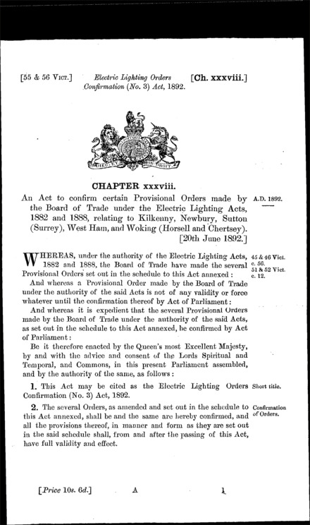 Electric Lighting Orders Confirmation (No. 3) Act 1892