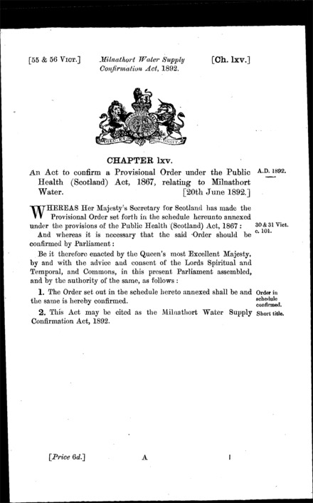 Milnathort Water Supply Confirmation Act 1892