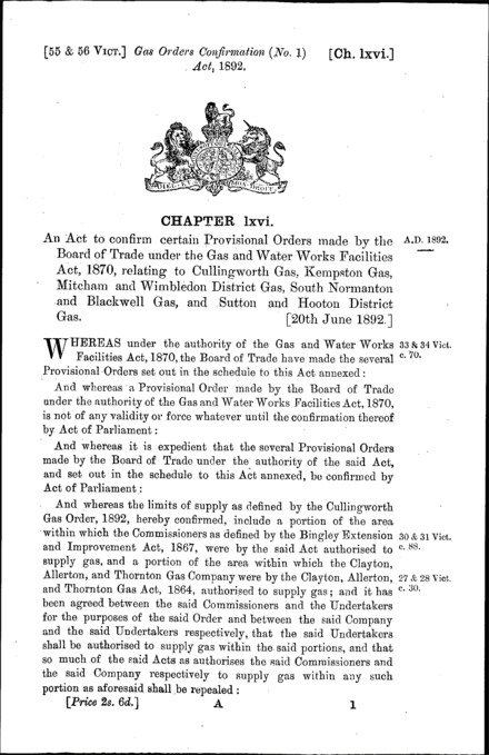 Gas Orders Confirmation (No. 1) Act 1892