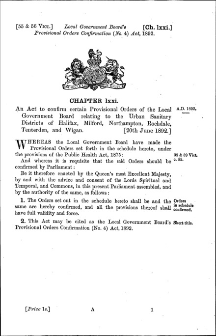 Local Government Board's Provisional Orders Confirmation (No. 4) Act 1892