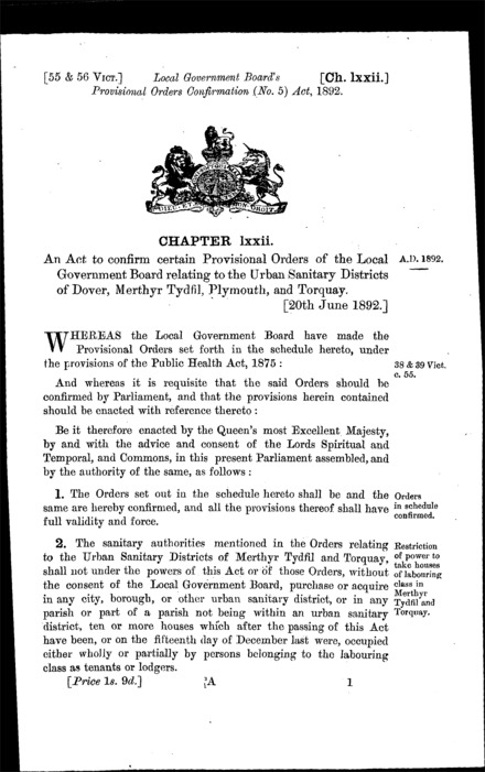 Local Government Board's Provisional Orders Confirmation (No. 5) Act 1892