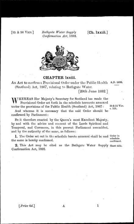 Bathgate Water Supply Confirmation Act 1892