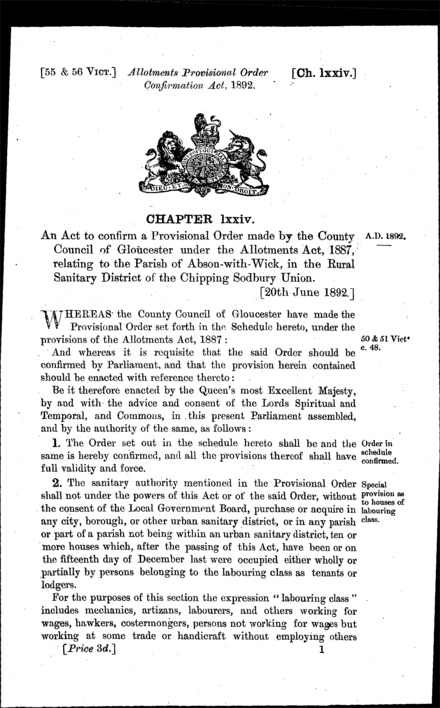Allotments Provisional Order Confirmation Act 1892