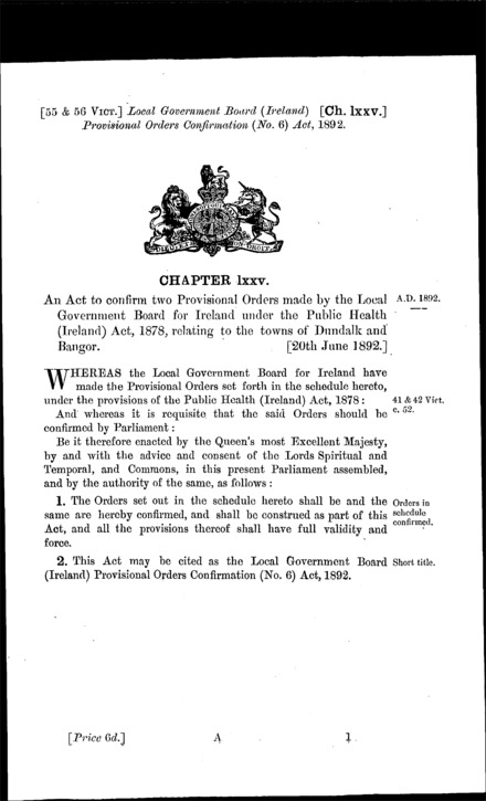 Local Government Board (Ireland) Provisional Orders Confirmation (No. 6) Act 1892