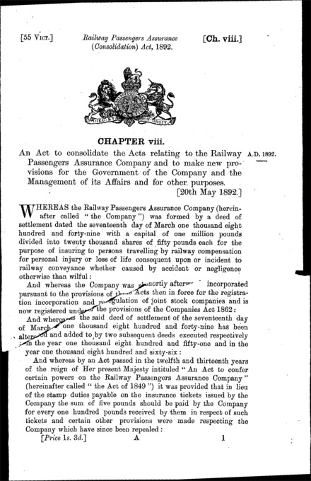 Railway Passengers Assurance (Consolidation) Act 1892
