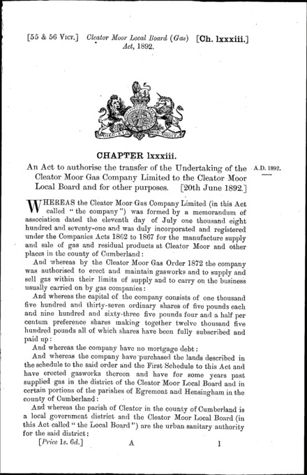 Cleator Moor Local Board (Gas) Act 1892