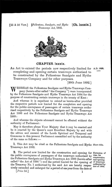 Folkestone, Sandgate and Hythe Tramways Act 1892