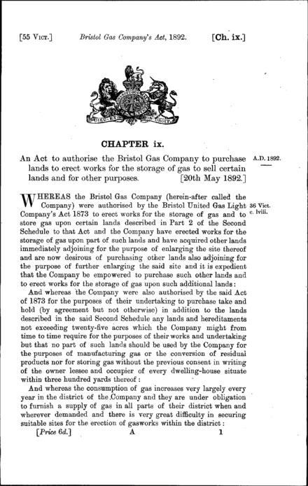 Bristol Gas Company Act 1892