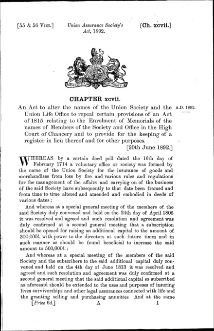 Union Assurance Society Act 1892
