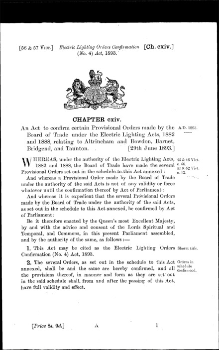 Electric Lighting Orders Confirmation (No. 4) Act 1893