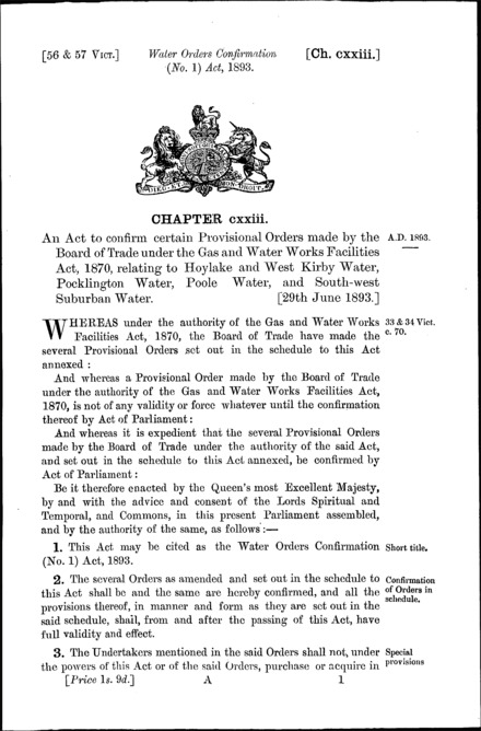 Water Orders Confirmation (No. 1) Act 1893