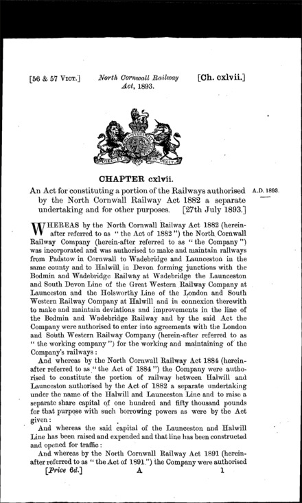 North Cornwall Railway Act 1893
