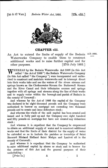 Bodmin Water Act 1893