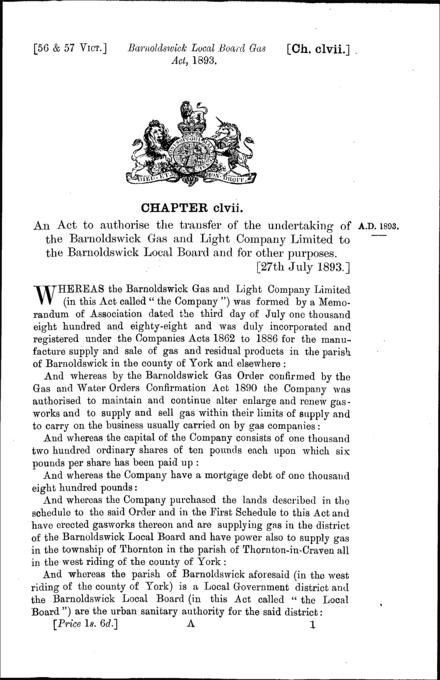 Barnoldswick Local Board Gas Act 1893