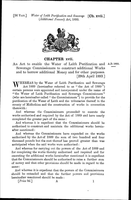 Water of Leith Purification and Sewerage (Additional Powers) Act 1893