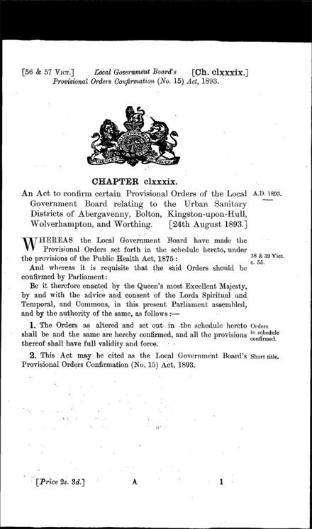 Local Government Board's Provisional Orders Confirmation (No. 15) Act 1893