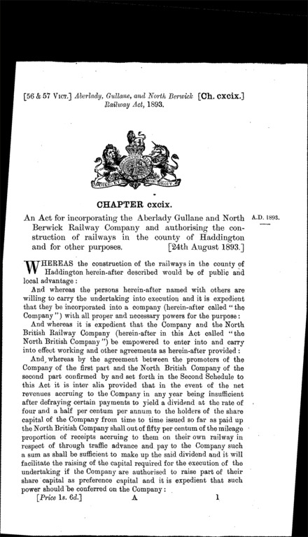 Aberlady, Gullane and North Berwick Railway Act 1893