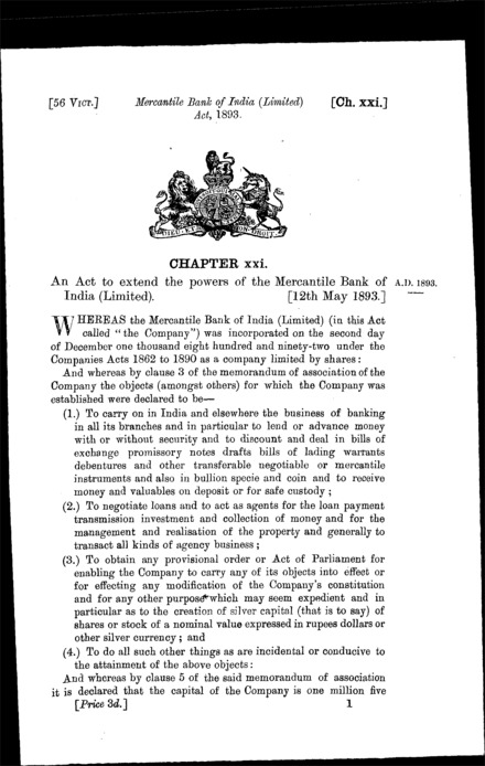 Mercantile Bank of India (Limited) Act 1893