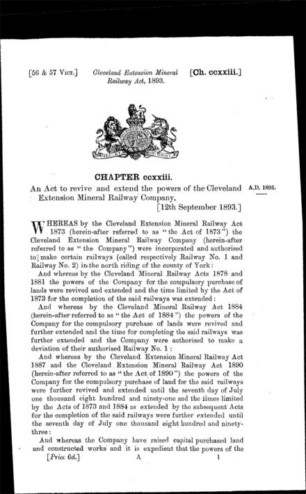 Cleveland Extension Mineral Railway Act 1893