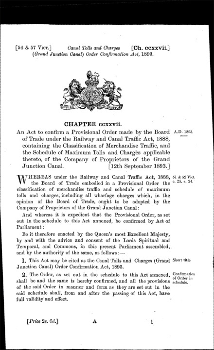Canal Tolls and Charges (Grand Junction Canal) Order Confirmation Act 1893