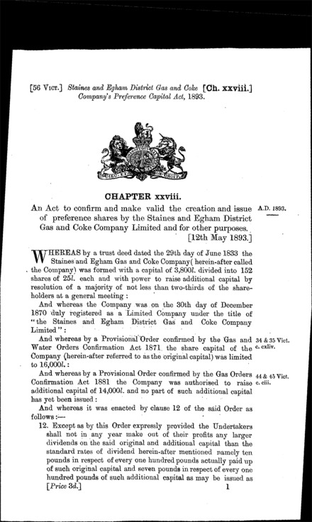 Staines and Egham District Gas and Coke Company's Preference Capital Act 1893